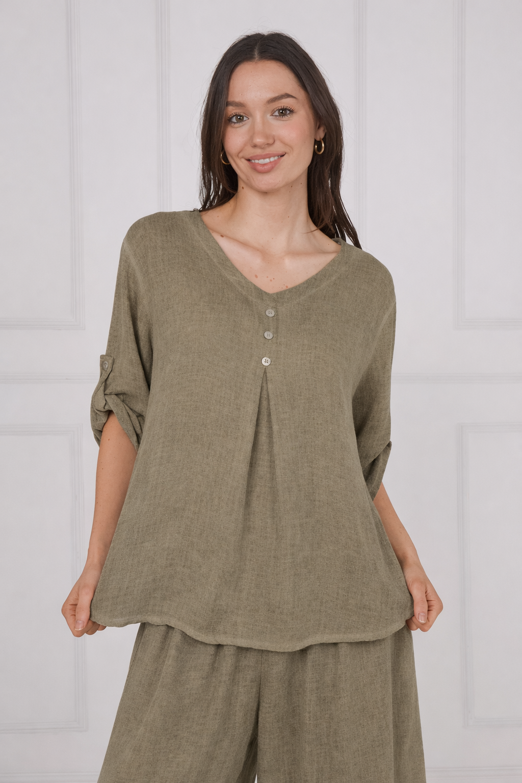 Linen three button top - Khaki