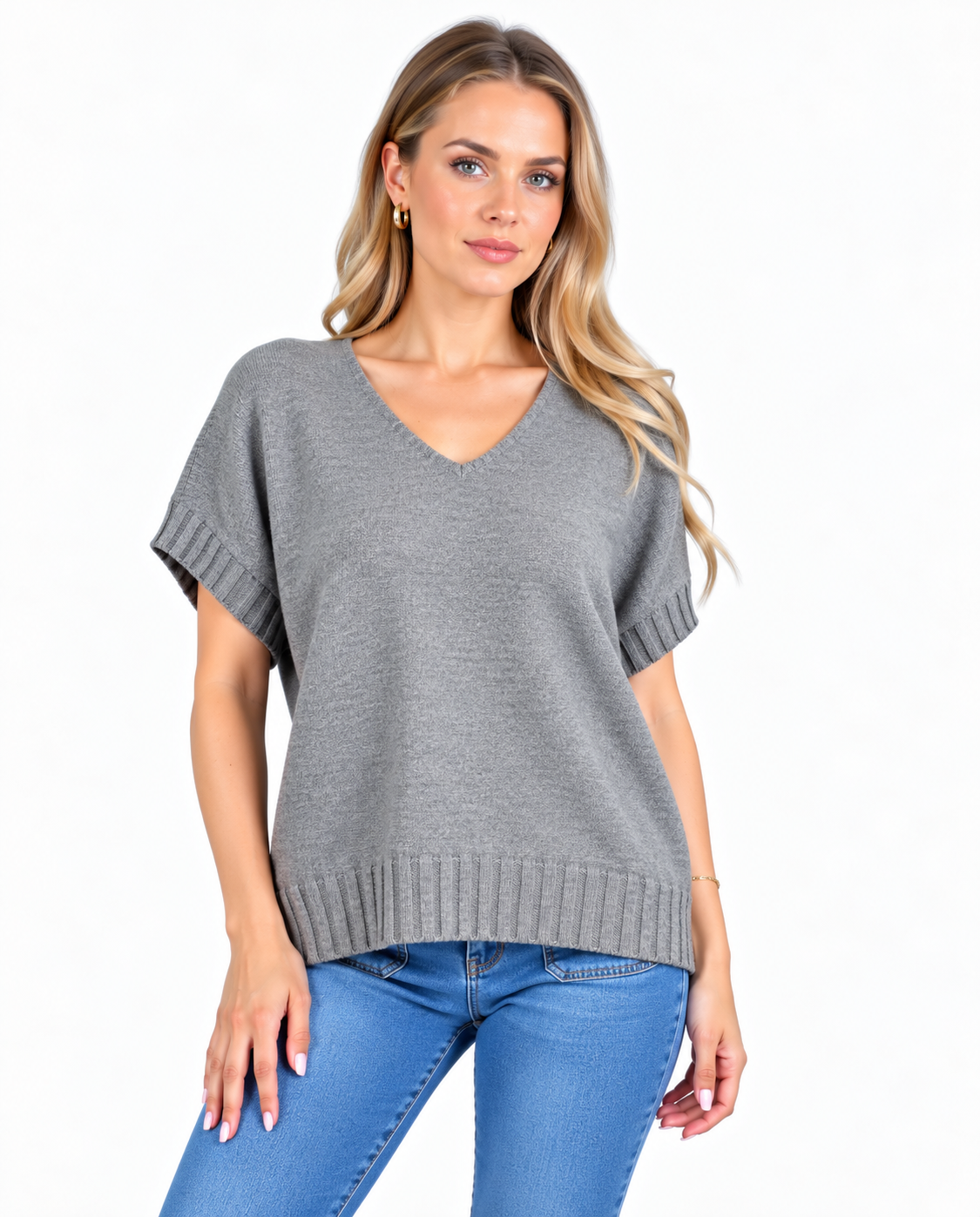 Short sleeve V neck top - Grey