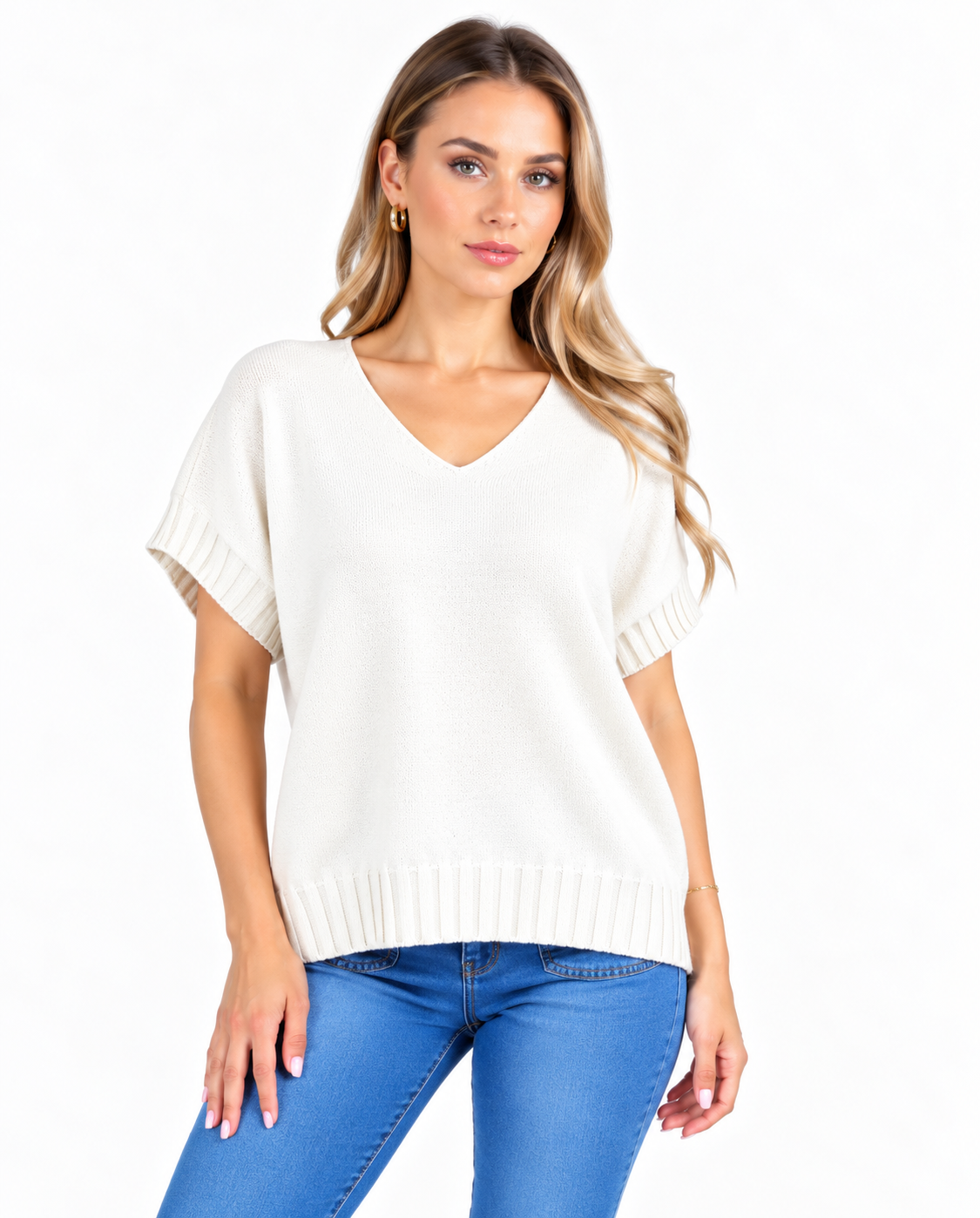 Short sleeve V neck top - Ivory