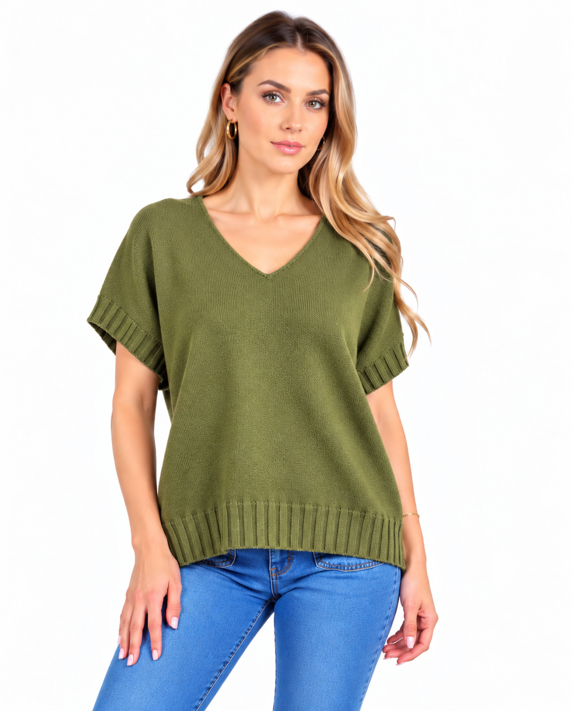 Short sleeve V neck top - Olive