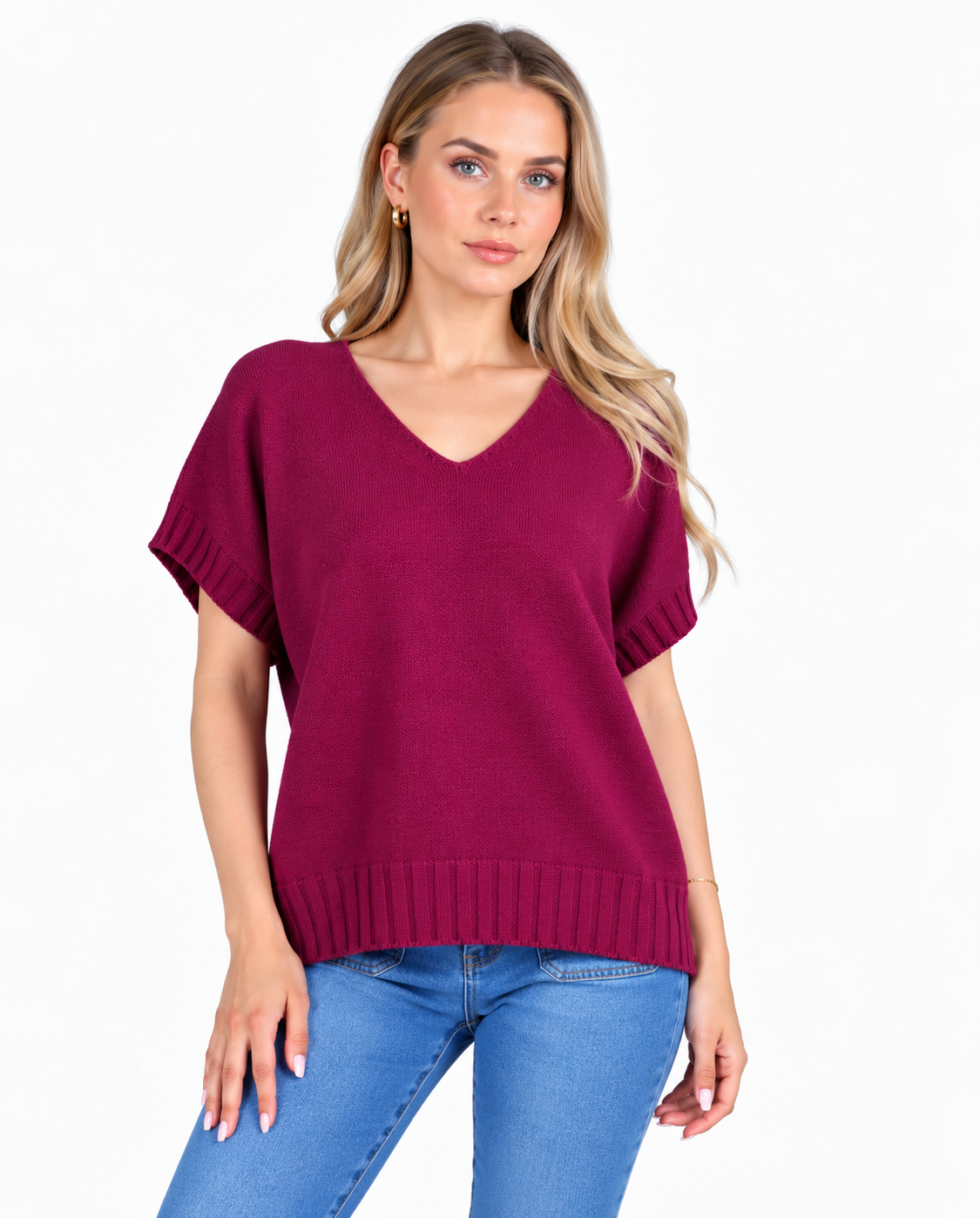 Short sleeve V neck top - Magenta