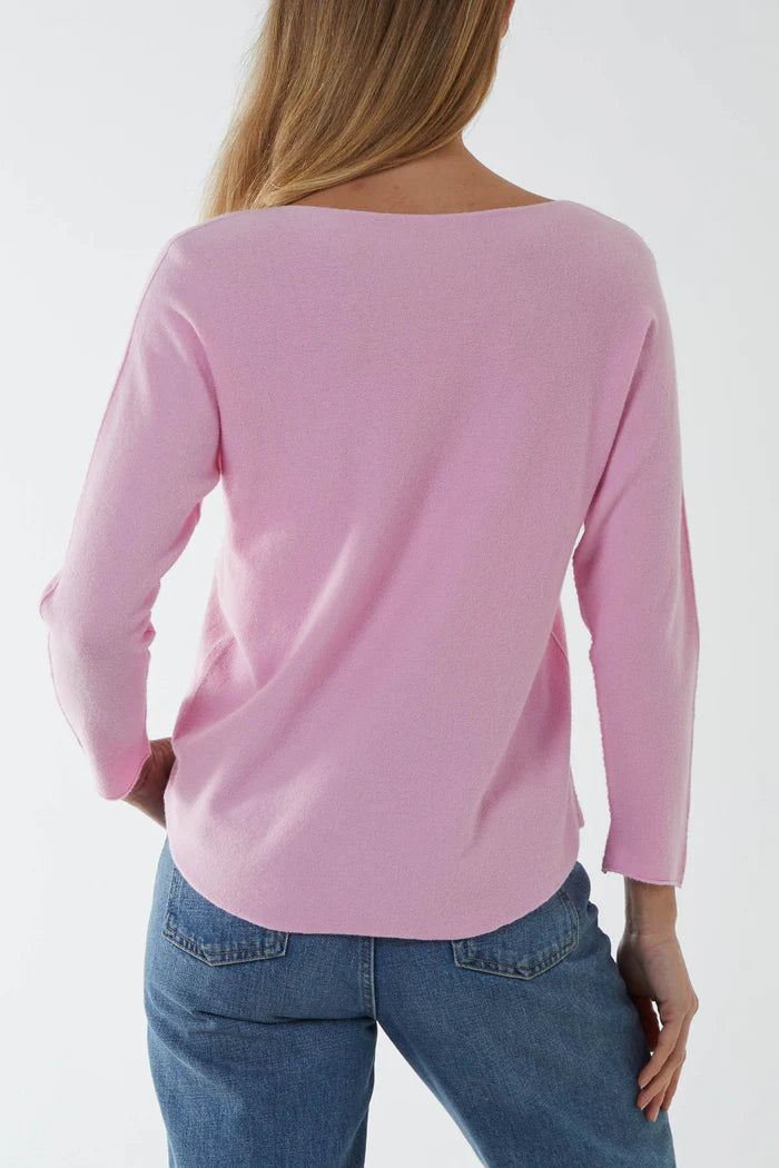 Crew-neck raw edge jumper - Baby pink