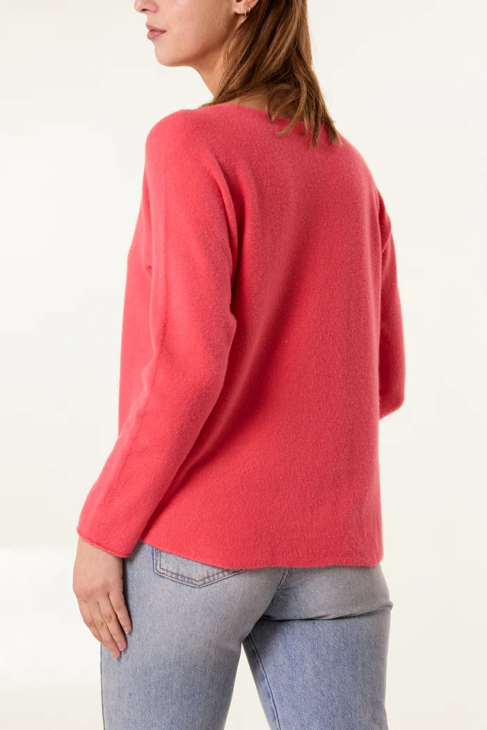 Crew-neck raw edge jumper - Coral