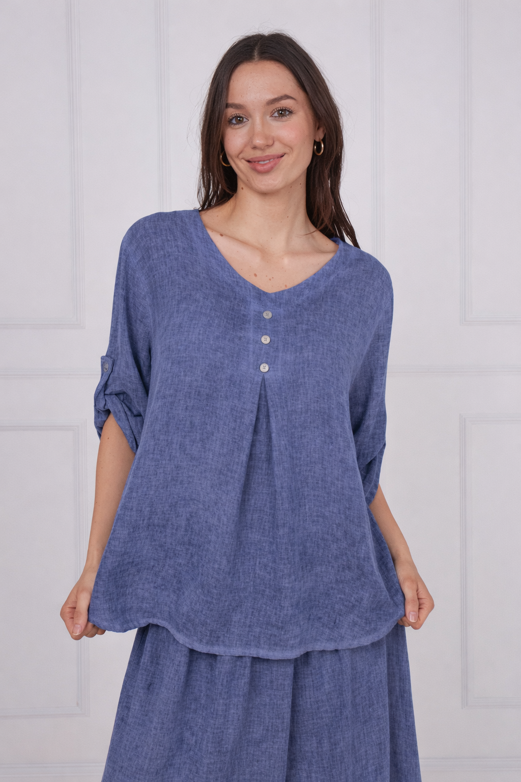 Linen three button top - Navy