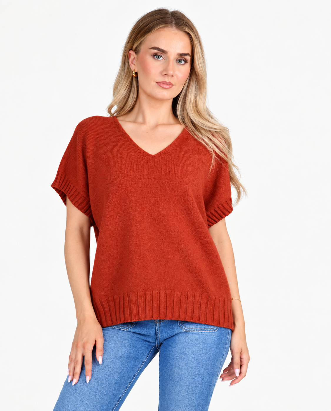 Short sleeve V neck top - Rust