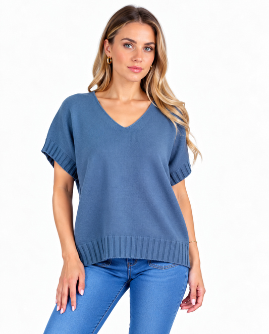 Short sleeve V neck top - Denim