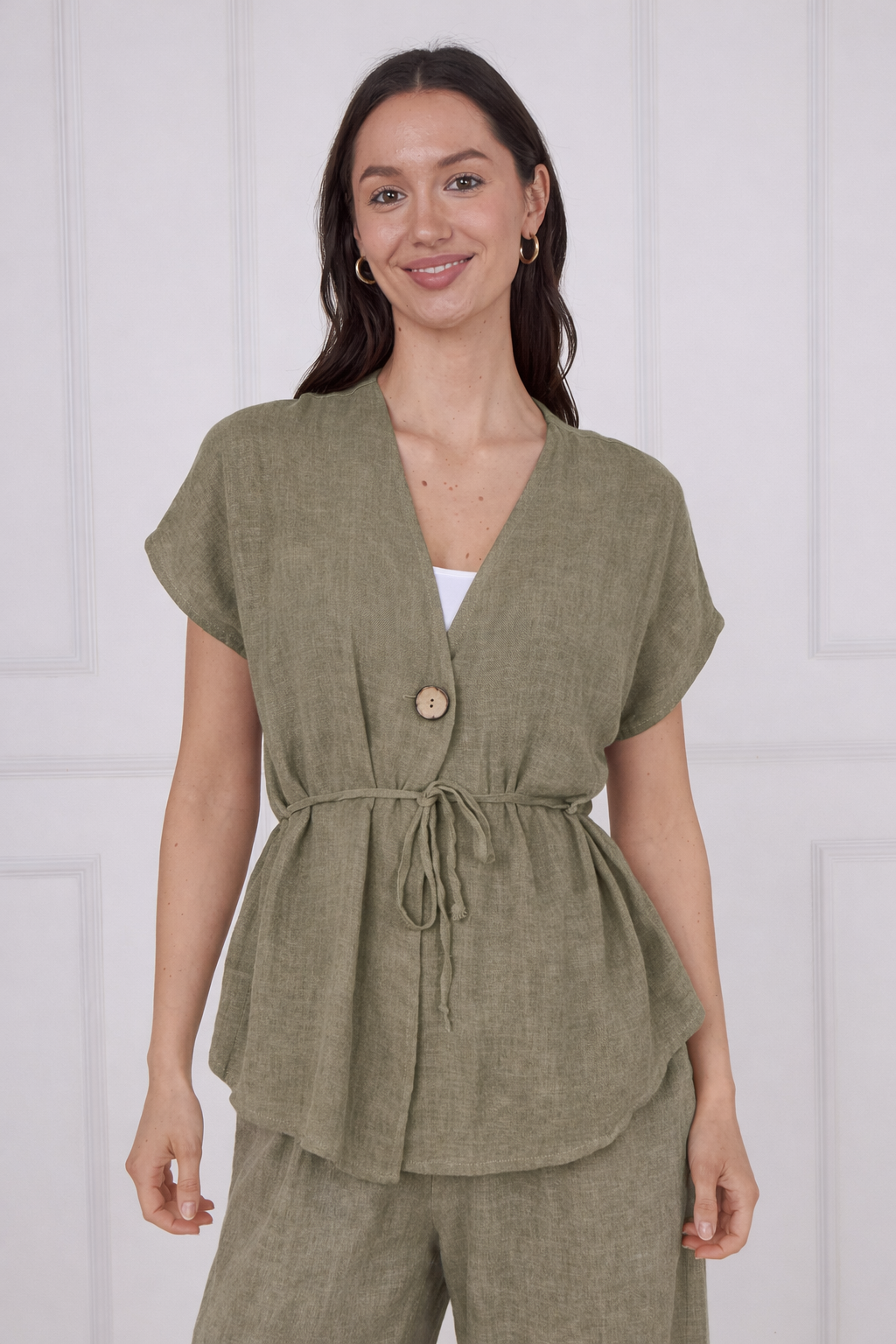 Tie waist linen top - Khaki