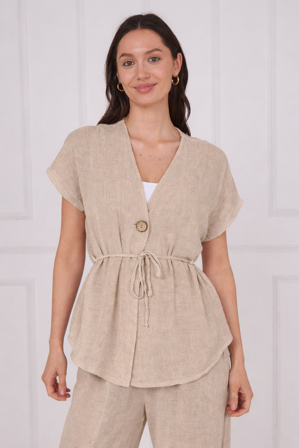 Tie waist linen top - Beige