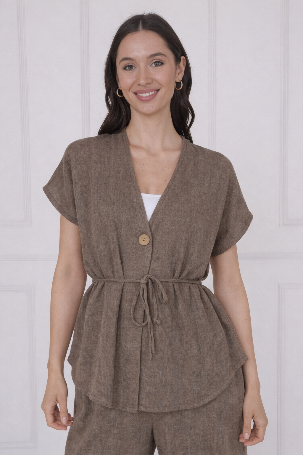 Tie waist linen top - Chocolate