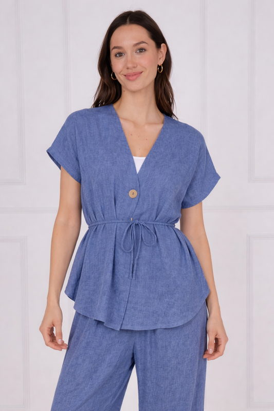 Tie waist linen top - Navy