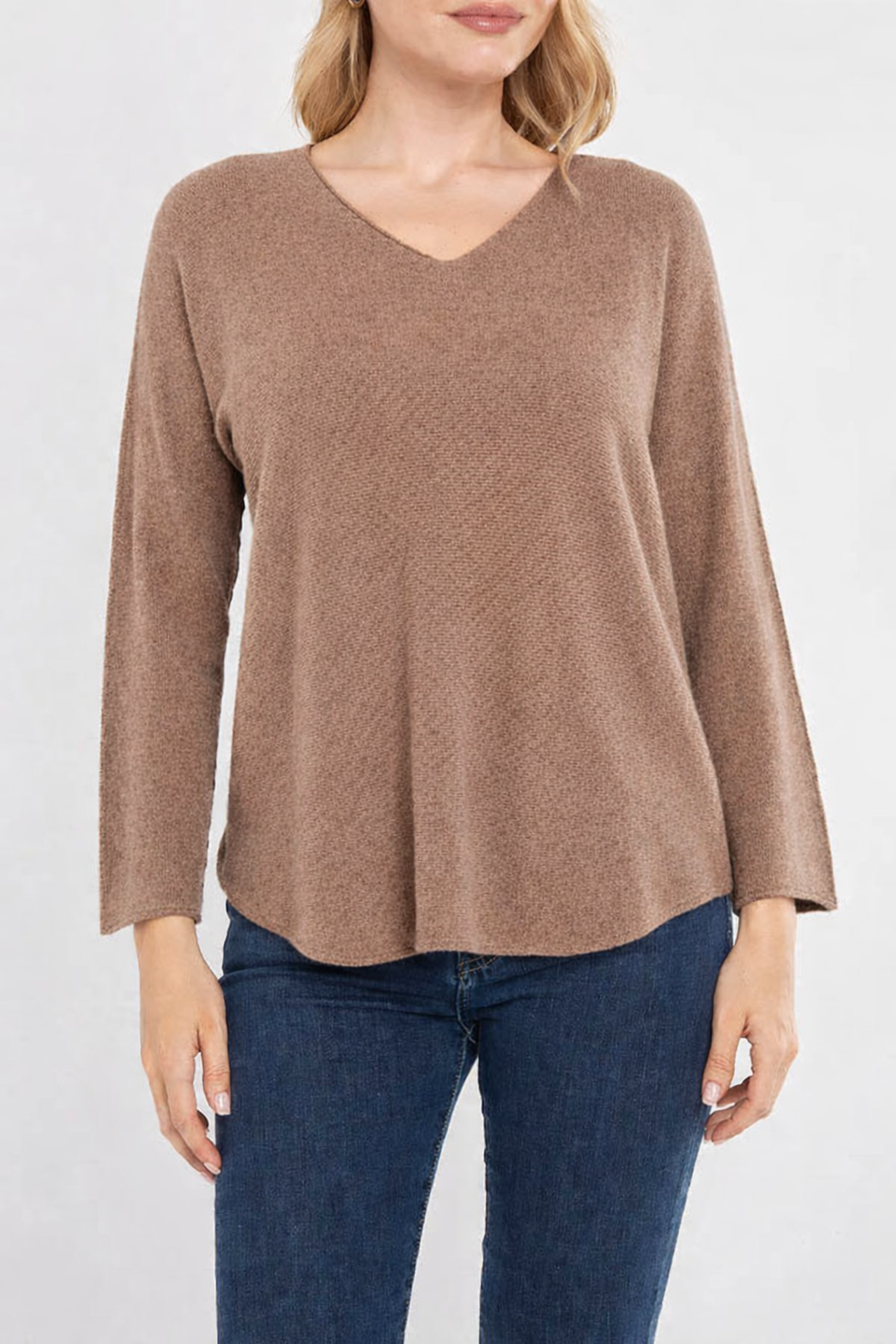 Raw edge V neck jumper - Mid brown