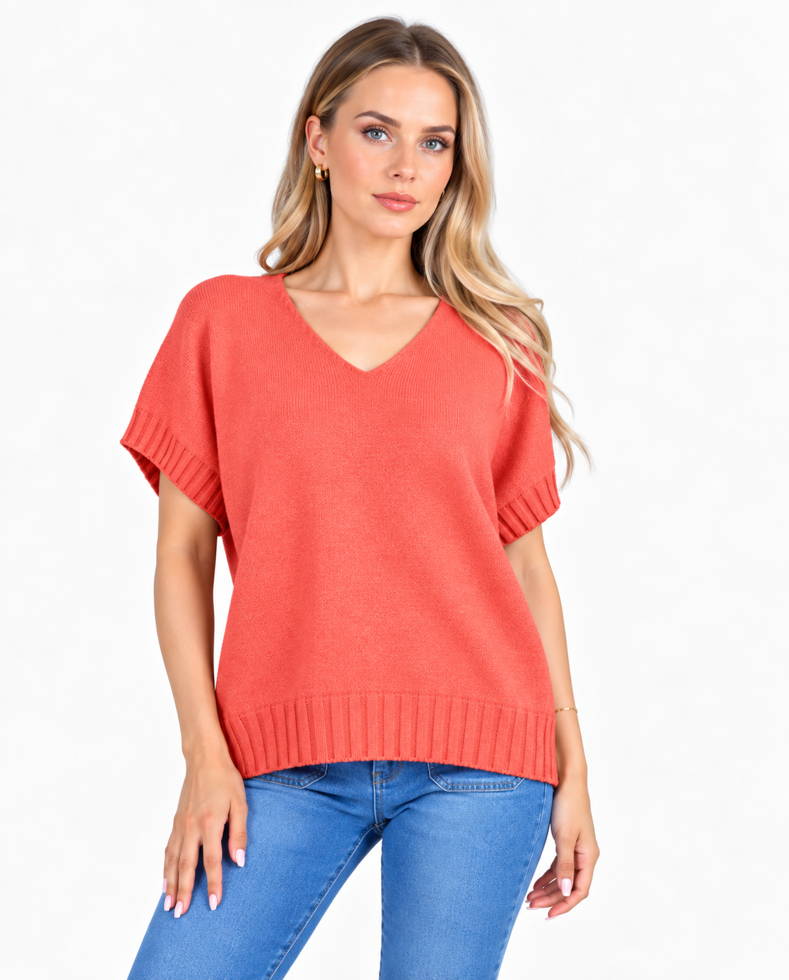 Short sleeve V neck top - Coral