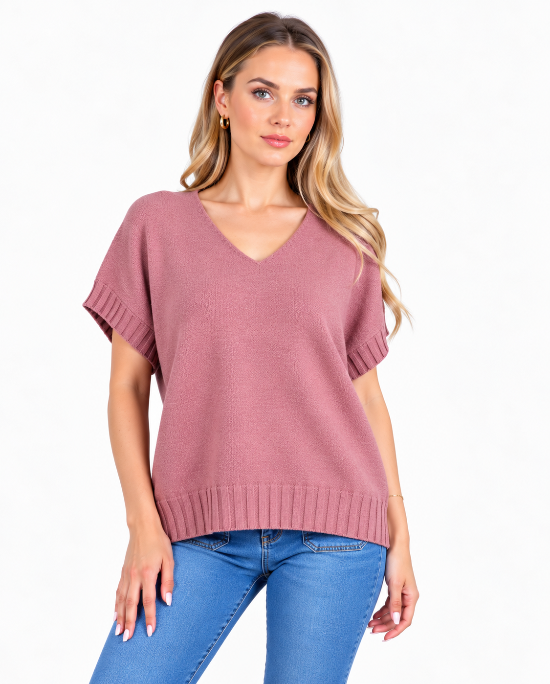Short sleeve V neck top - Dusky pink