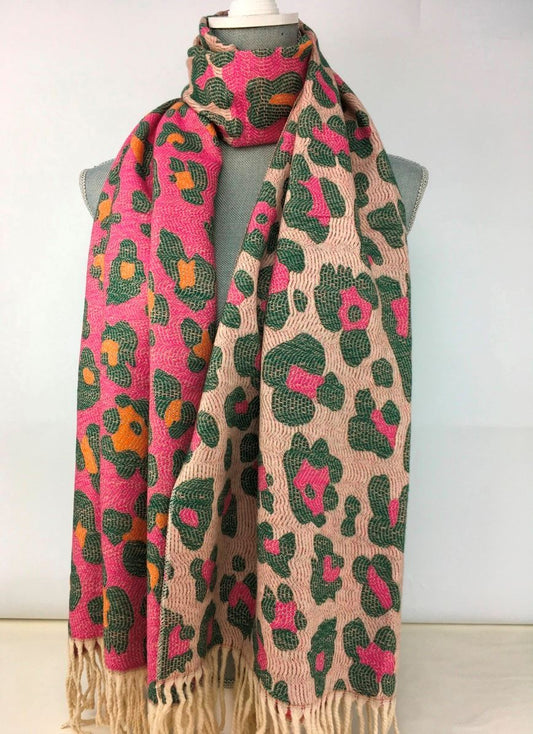 Leopard print pashmina - Pink and Dark green