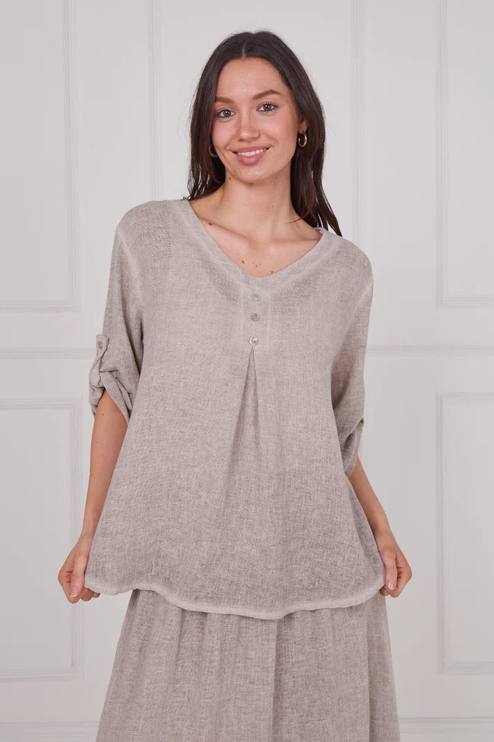 Linen three button top - Beige