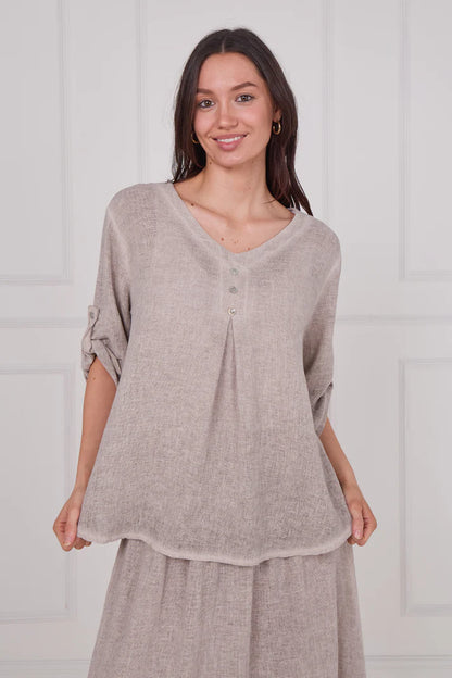 Linen three button top - Beige