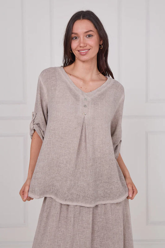 Linen three button top - Beige