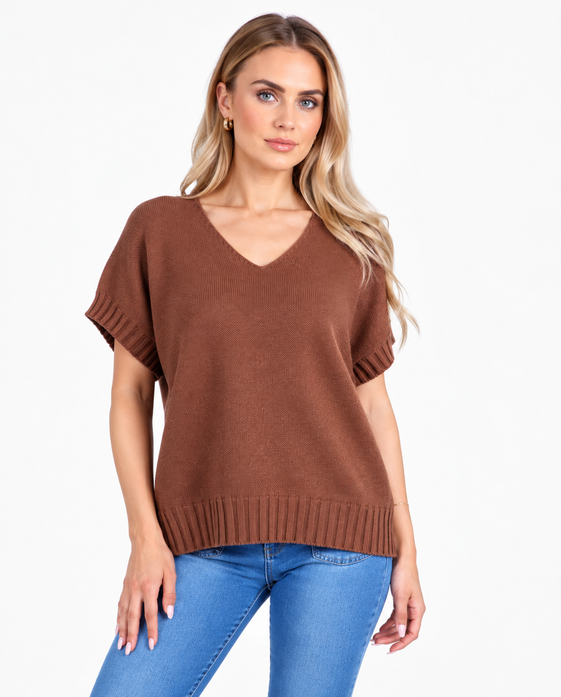 Short sleeve V neck top - Brown