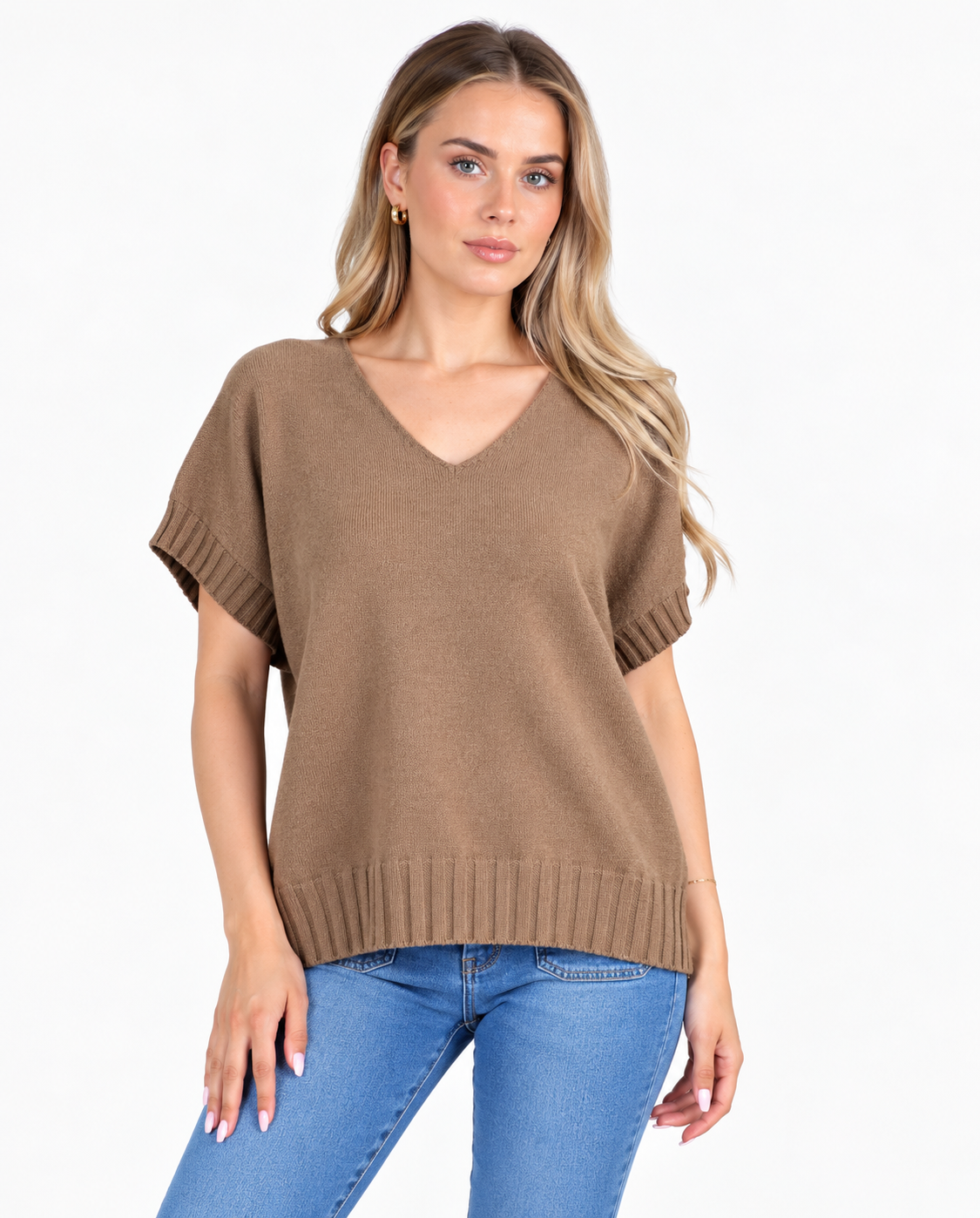 Short sleeve V neck top - Camel