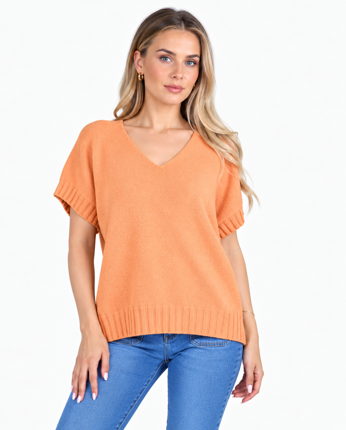 Short sleeve V neck top - Tangerine